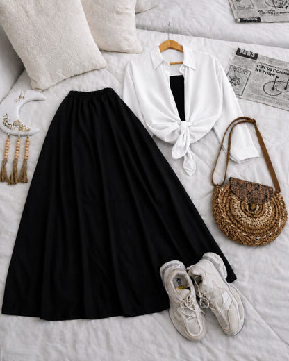 Button Down Shirt, Black Tank Top And Black Umbrella Skirt - Pack of Threes