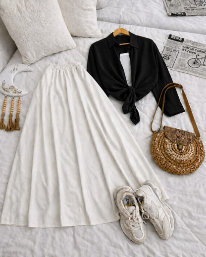 Button Down Shirt, White Tank Top And White Umbrella Skirt - Pack of Threes