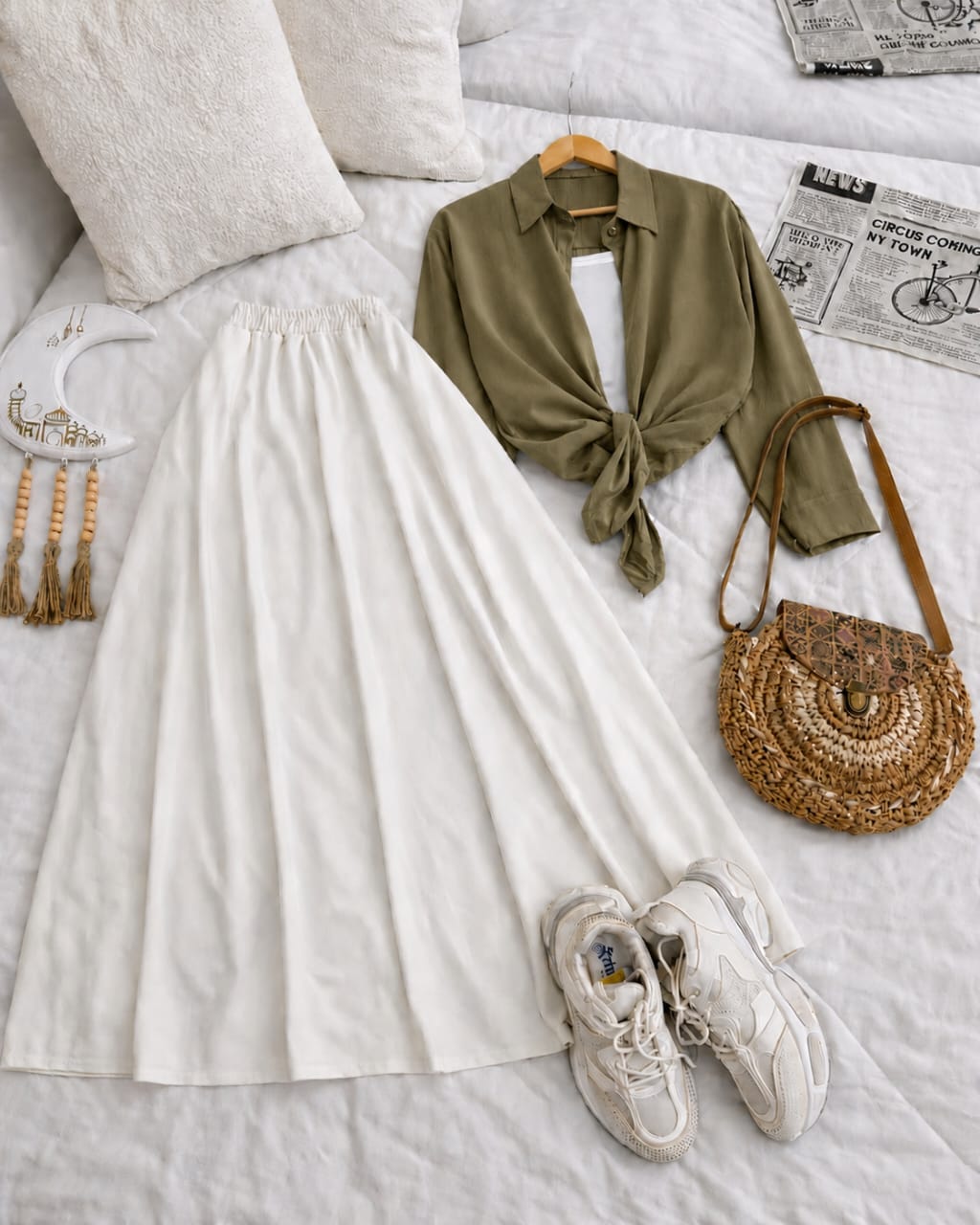 Button Down Shirt, White Tank Top And White Umbrella Skirt - Pack of Threes