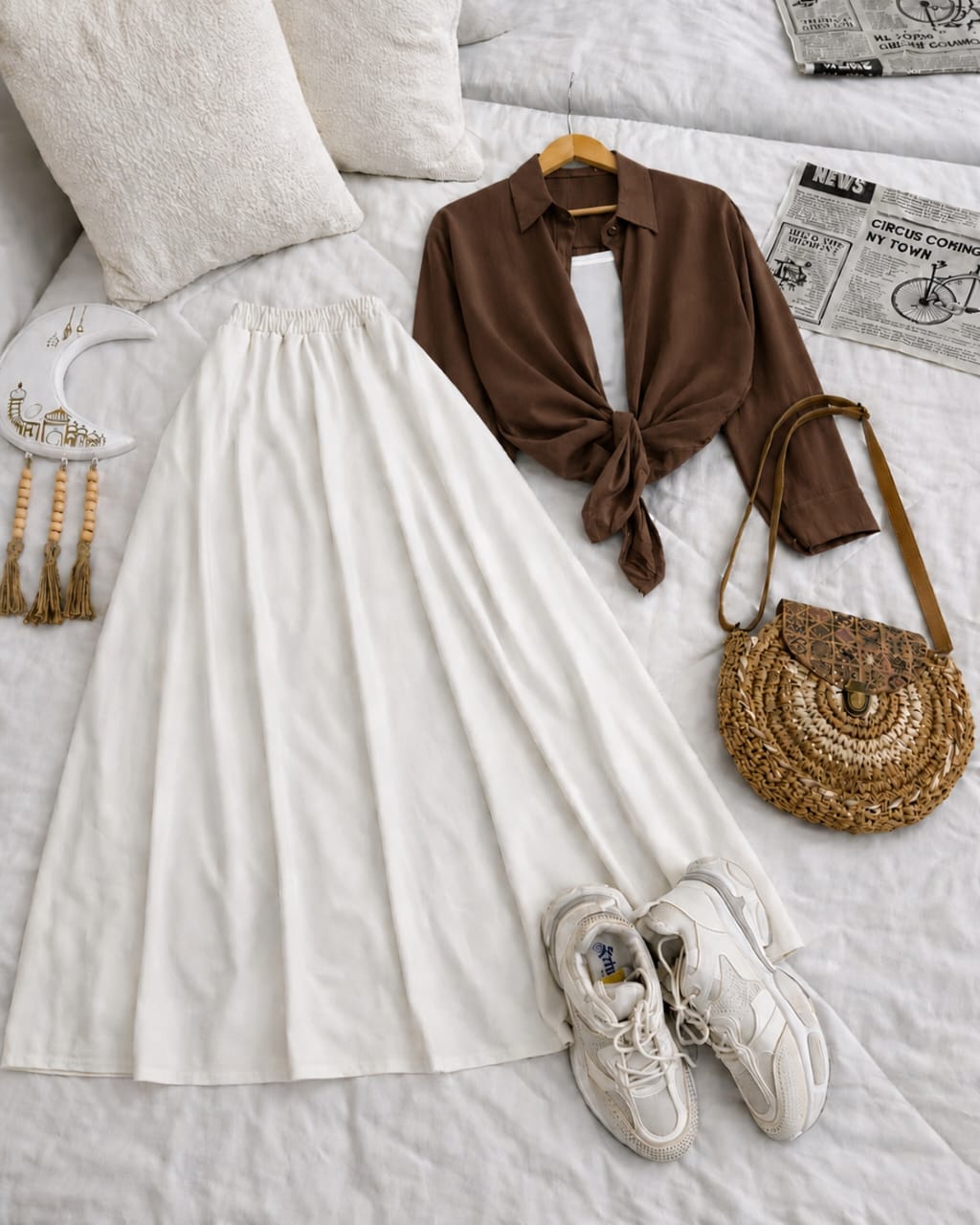 Button Down Shirt, White Tank Top And White Umbrella Skirt - Pack of Threes