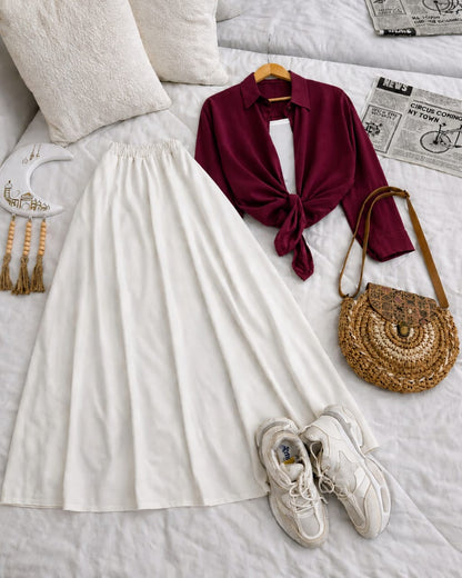 Button Down Shirt, White Tank Top And White Umbrella Skirt - Pack of Threes