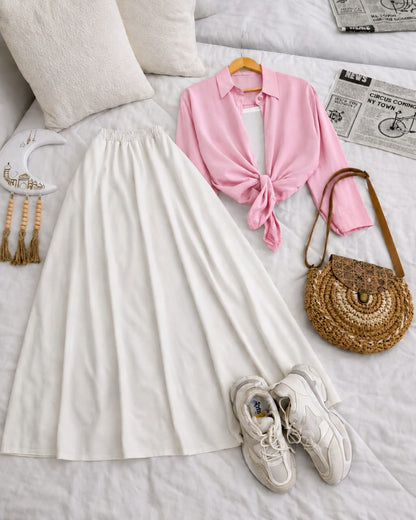 Button Down Shirt, White Tank Top And White Umbrella Skirt - Pack of Threes