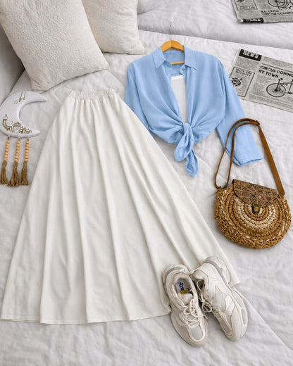 Button Down Shirt, White Tank Top And White Umbrella Skirt - Pack of Threes