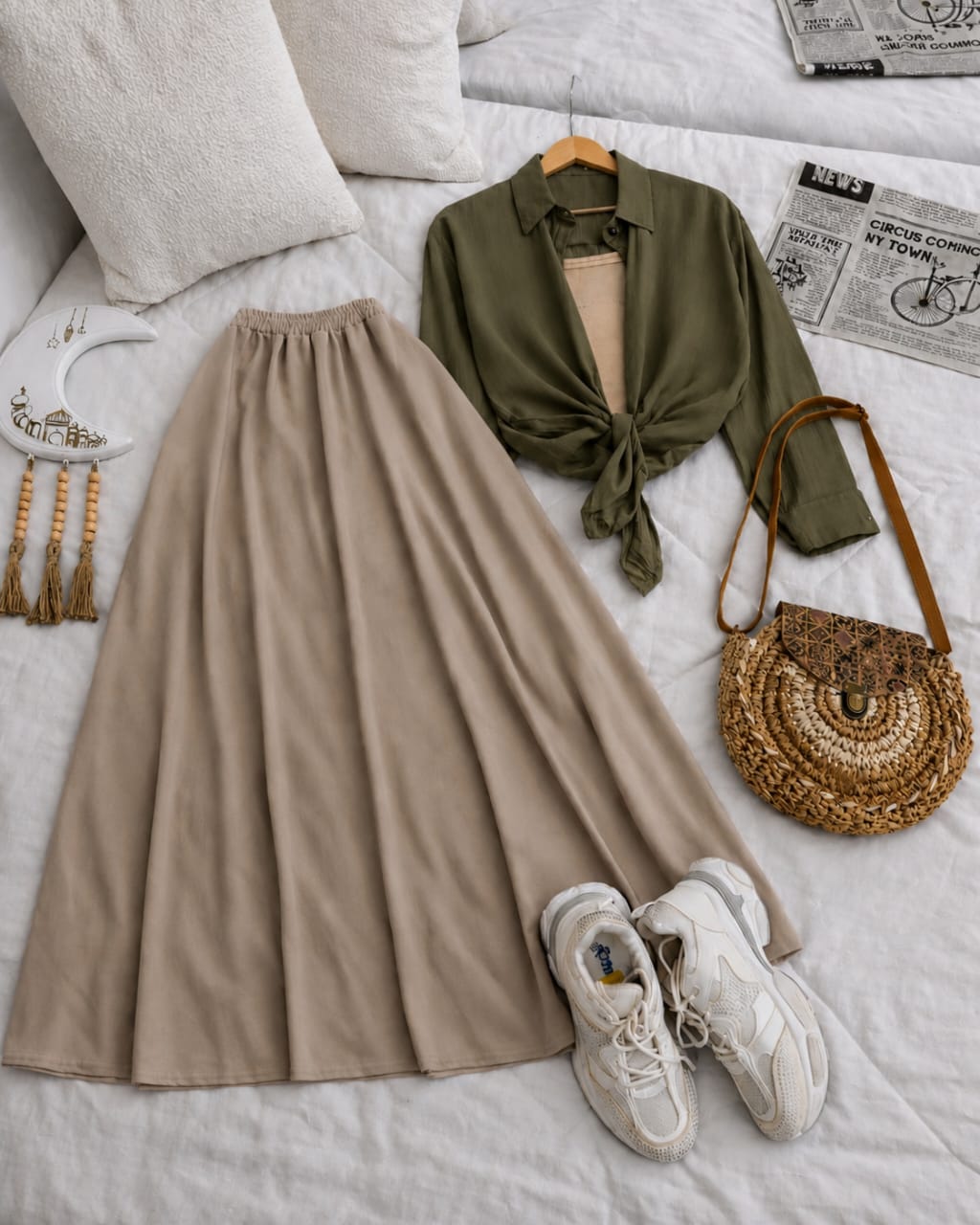 Button Down Shirt, Beige Tank Top And Beige Umbrella Skirt - Pack of Threes