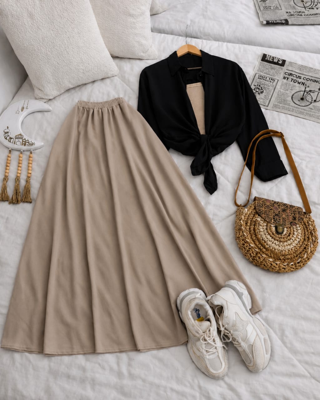 Button Down Shirt, Beige Tank Top And Beige Umbrella Skirt - Pack of Threes