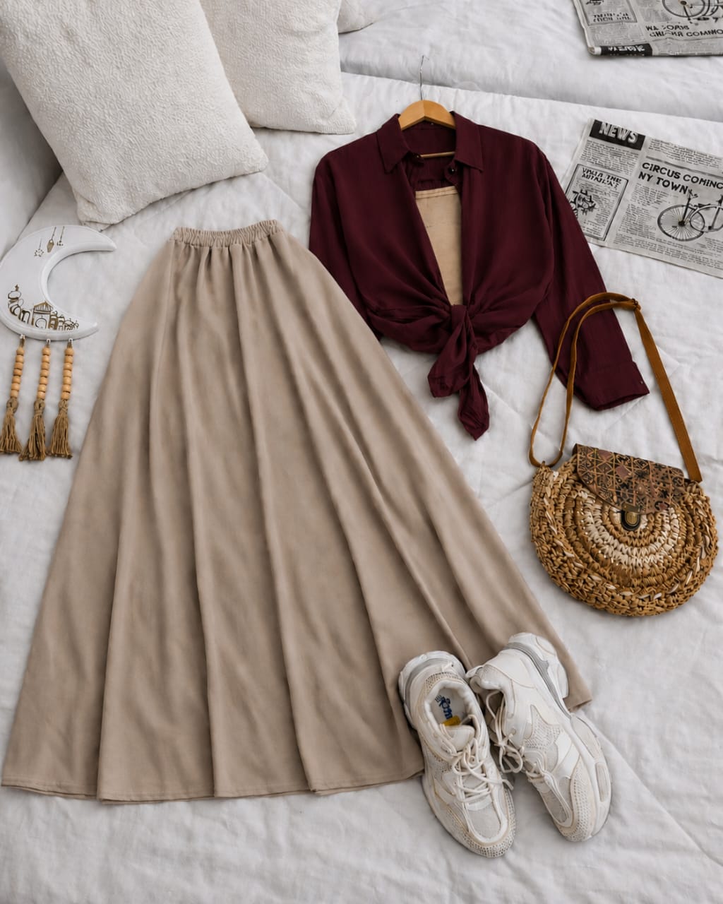 Button Down Shirt, Beige Tank Top And Beige Umbrella Skirt - Pack of Threes