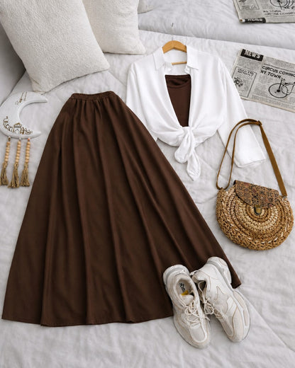 Button Down Shirt, Brown Tank Top And Brown Umbrella Skirt - Pack of Threes