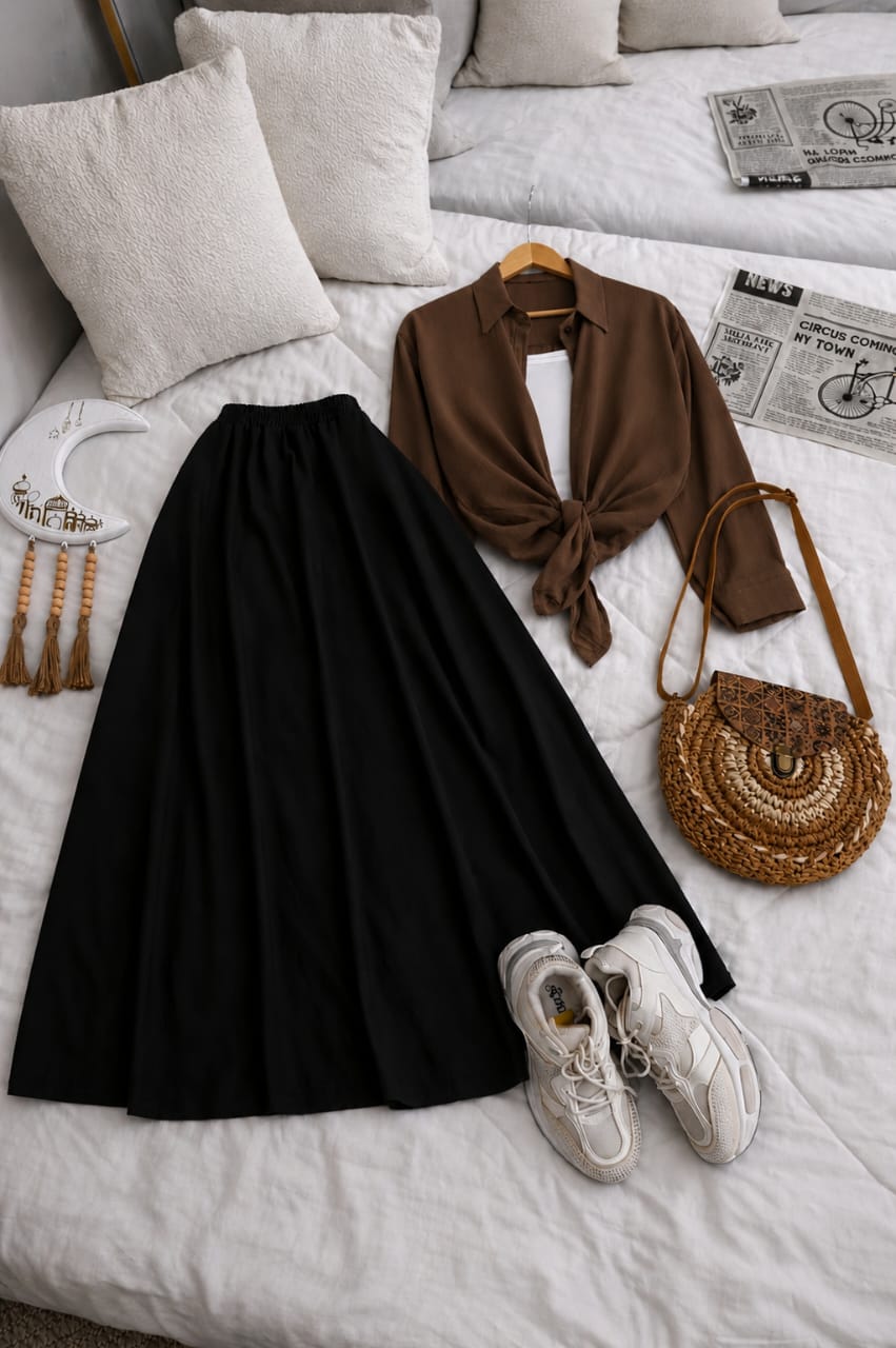 Button Down Shirt, White Tank Top And Black Umbrella Skirt - Pack of Threes