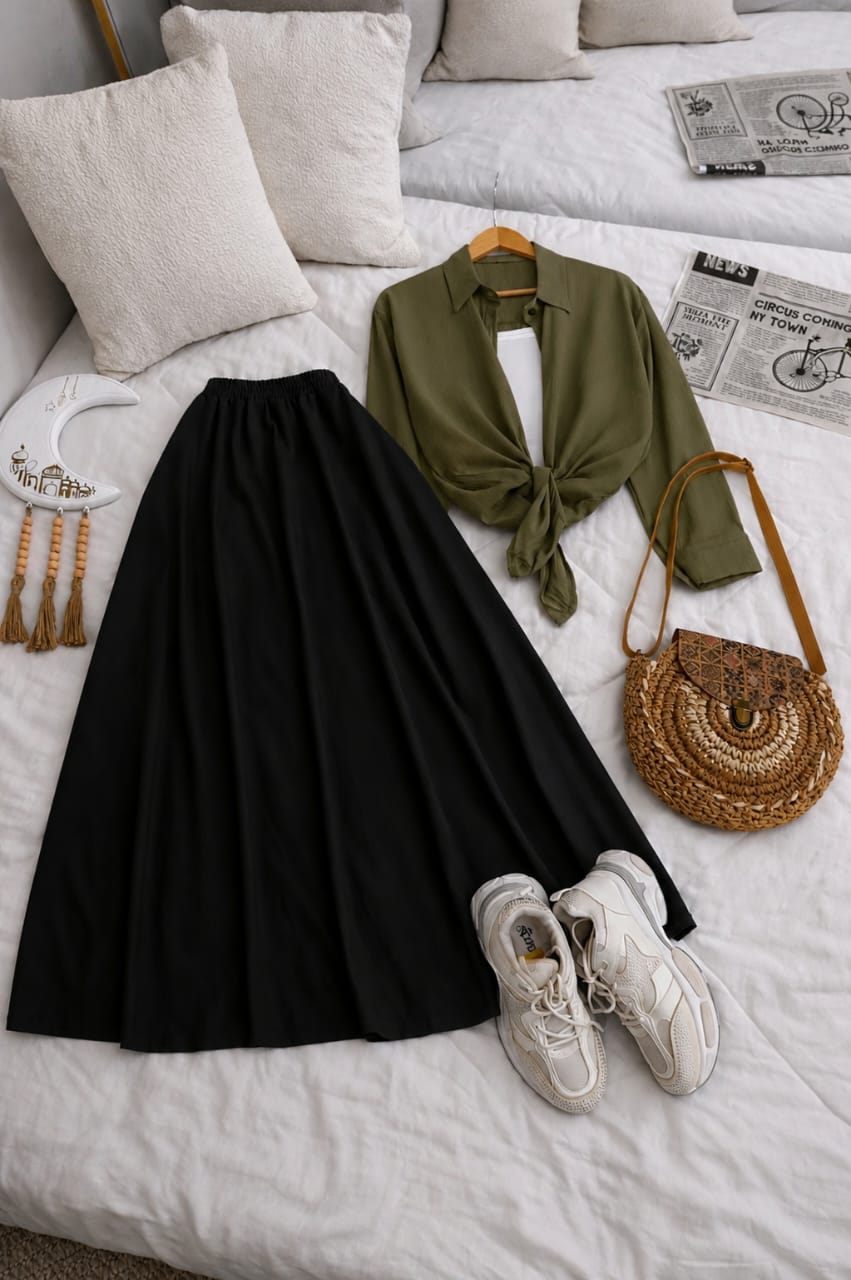 Button Down Shirt, White Tank Top And Black Umbrella Skirt - Pack of Threes