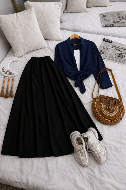 Button Down Shirt, White Tank Top And Black Umbrella Skirt - Pack of Threes