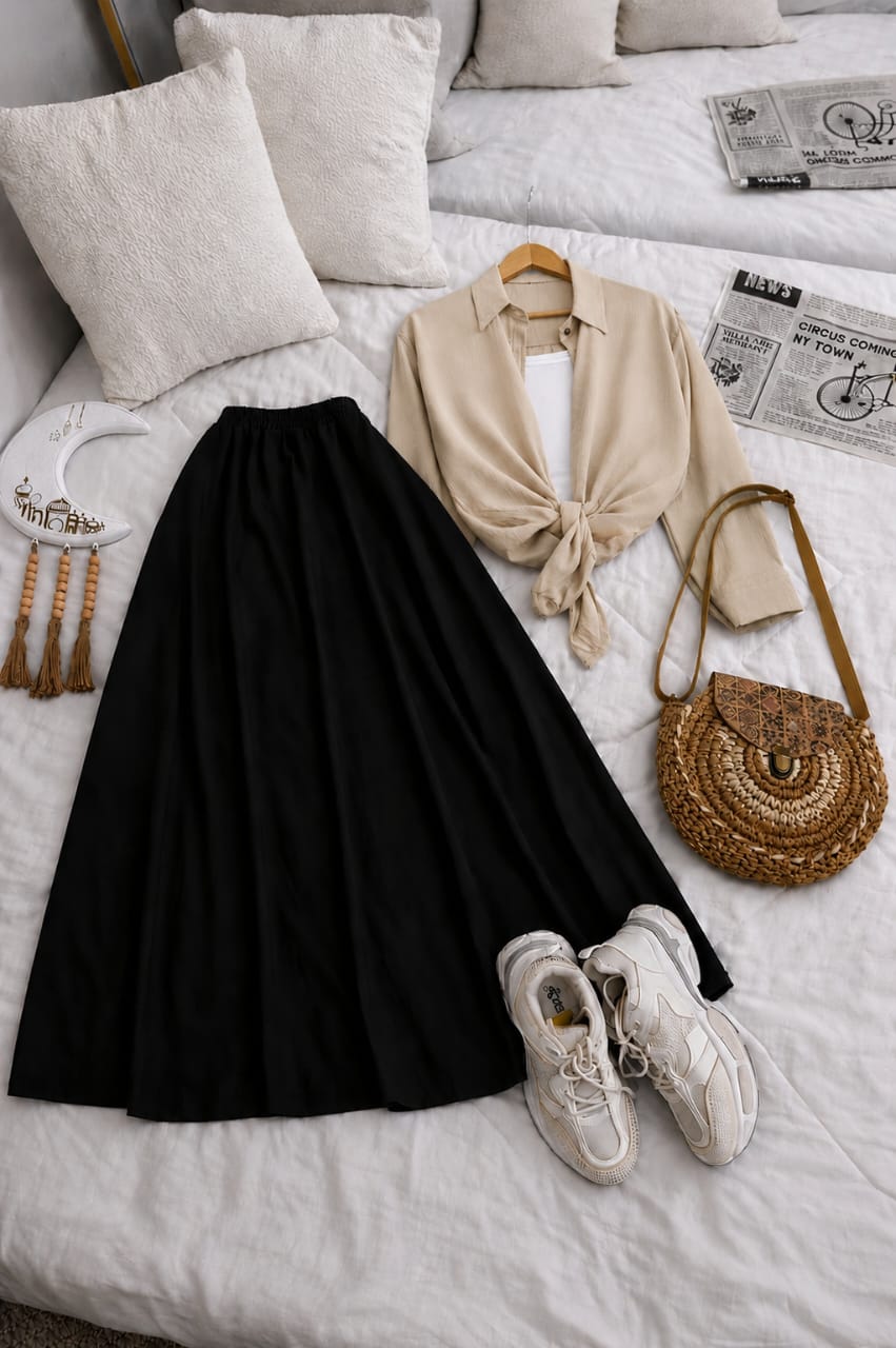 Button Down Shirt, White Tank Top And Black Umbrella Skirt - Pack of Threes
