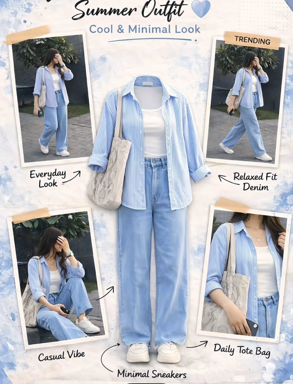 Stripes Button-Down Shirt, Rib-Knitted White Tank Top & Sky blue Wide-Leg Jeans Pack of Three