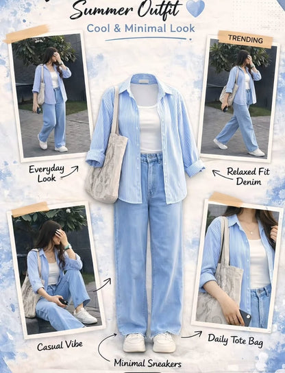 Stripes Button-Down Shirt, Rib-Knitted White Tank Top & Sky blue Wide-Leg Jeans Pack of Three