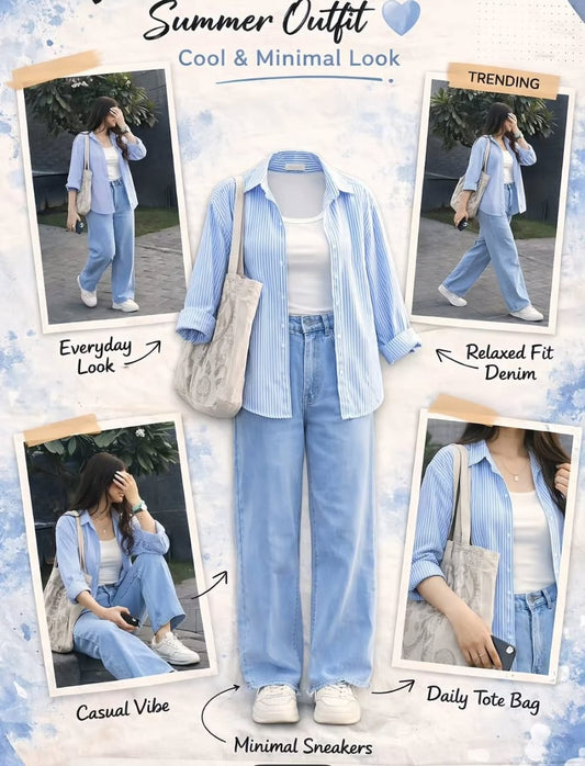 Stripes Button-Down Shirt, Rib-Knitted White Tank Top & Sky blue Wide-Leg Jeans Pack of Three