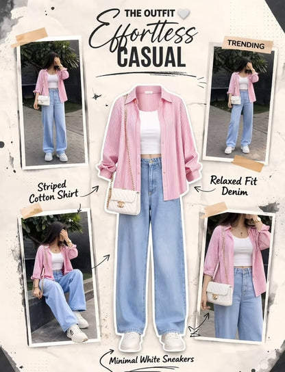 Stripes Button-Down Shirt, Rib-Knitted White Tank Top & Sky blue Wide-Leg Jeans Pack of Three