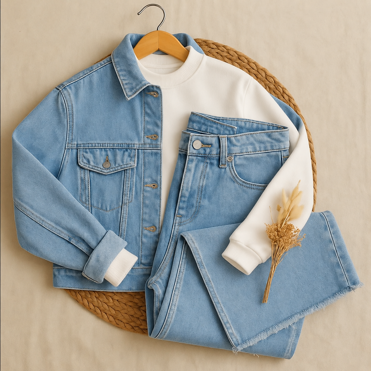Sky blue Crop Denim Jacket, Sweatshirt & Sky blue Wide-Leg Jeans as Pack of Three