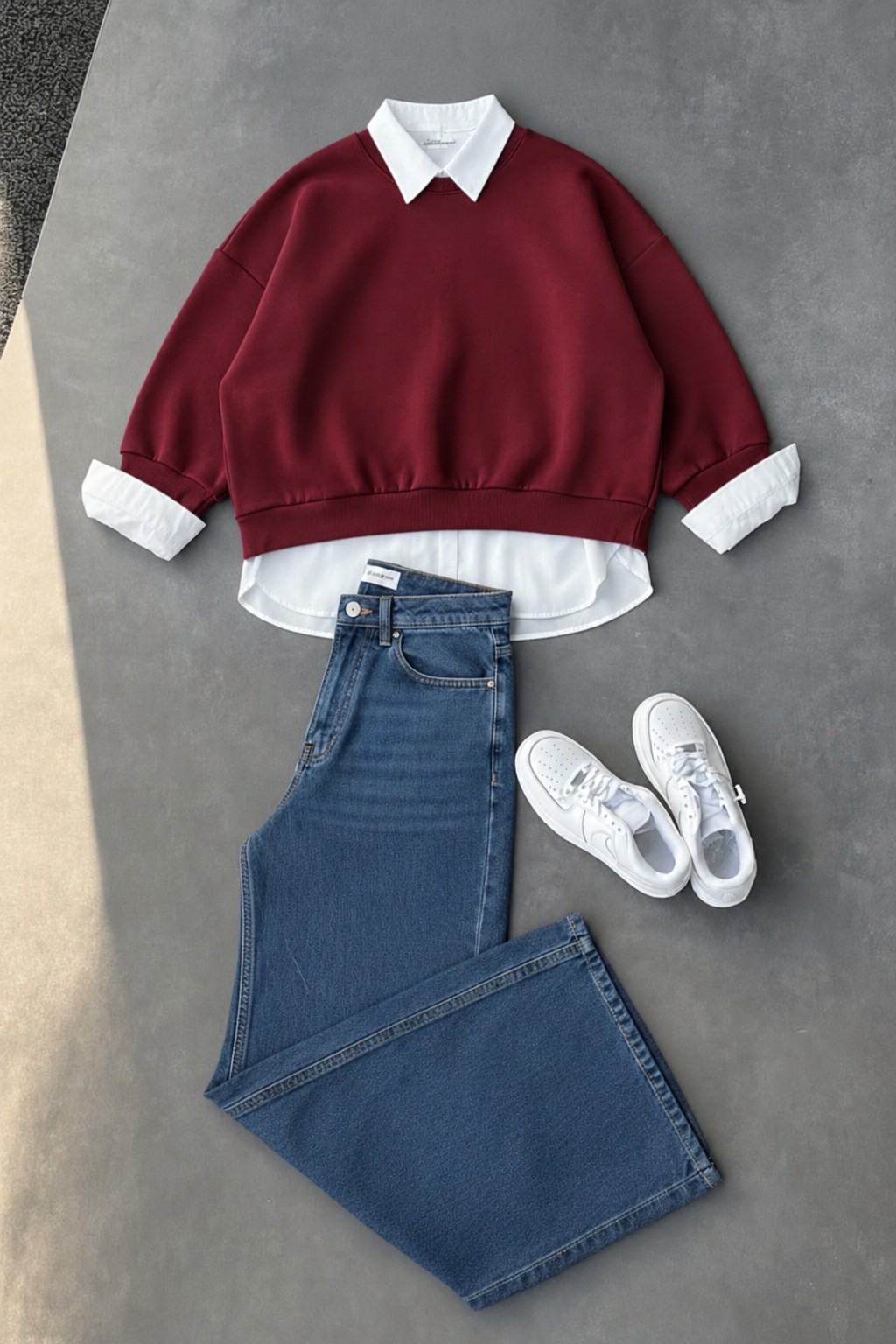 Maroon Sweatshirt, Button-Down Shirt & Mid blue Wide-Leg Jeans as Pack of Threes