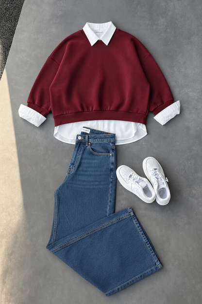 Maroon Sweatshirt, Button-Down Shirt & Mid blue Wide-Leg Jeans as Pack of Threes
