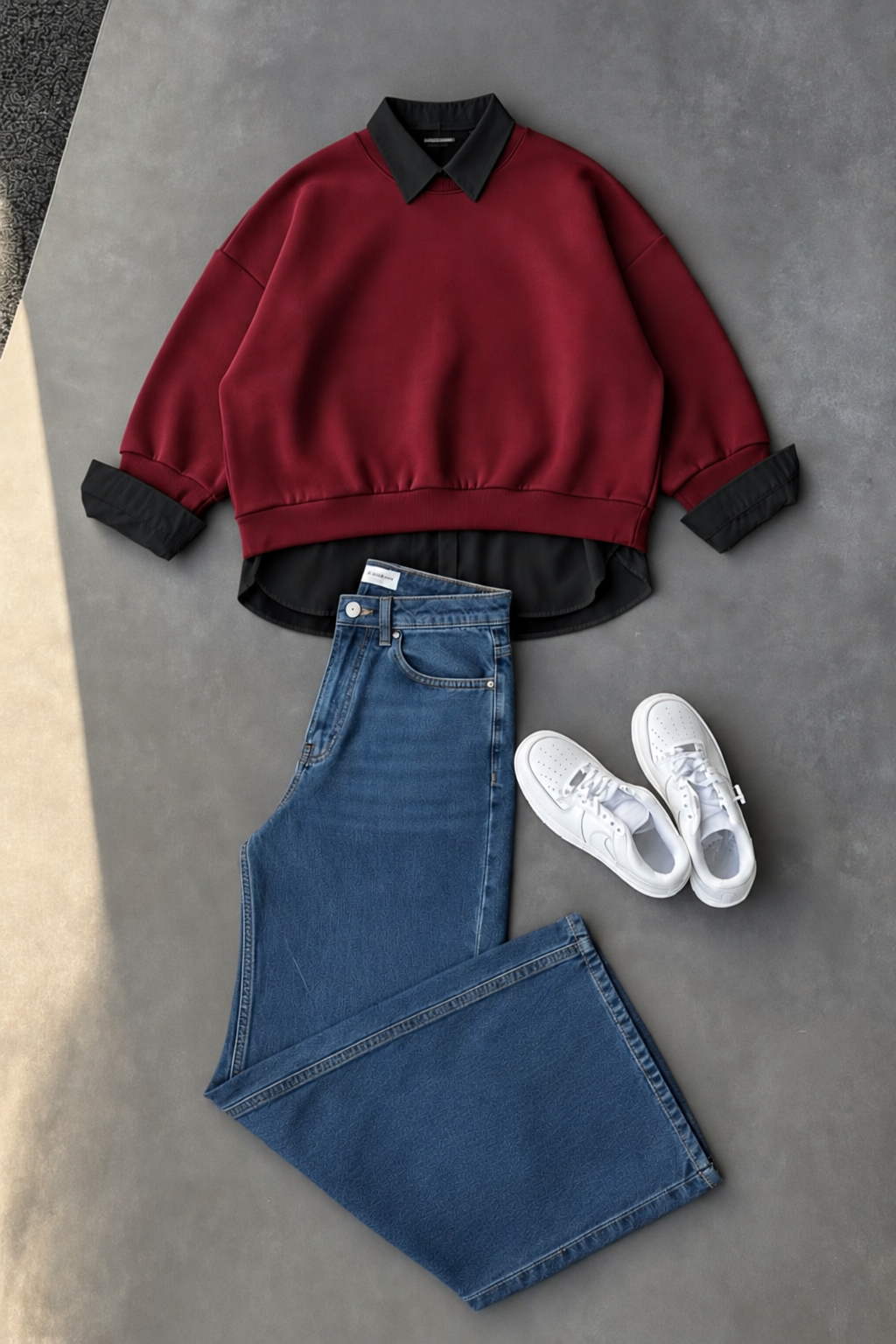 Maroon Sweatshirt, Button-Down Shirt & Mid blue Wide-Leg Jeans as Pack of Threes