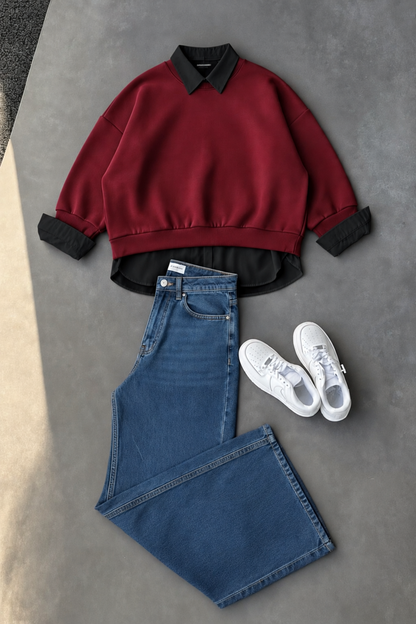 Maroon Sweatshirt, Button-Down Shirt & Mid blue Wide-Leg Jeans as Pack of Threes