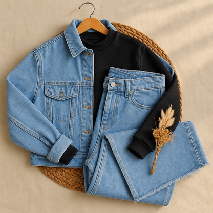 Sky blue Crop Denim Jacket, Sweatshirt & Sky blue Wide-Leg Jeans as Pack of Three